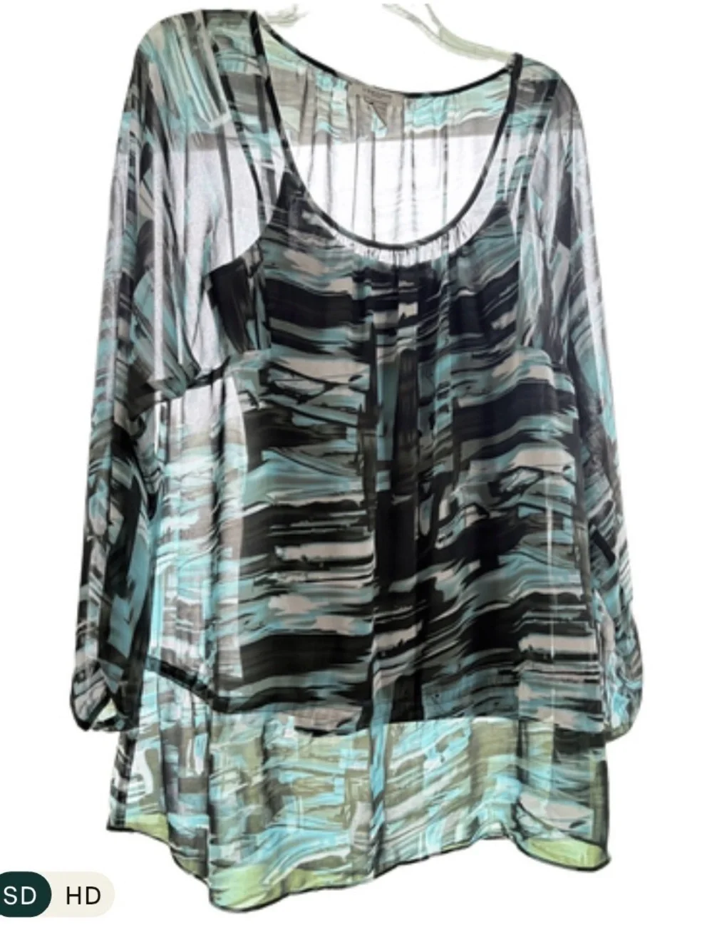 Vertigo Paris Sheer Tunic/Blouse Med. Teal/Black Abstract Flowy Top w/Camisole - Picture 3 of 7